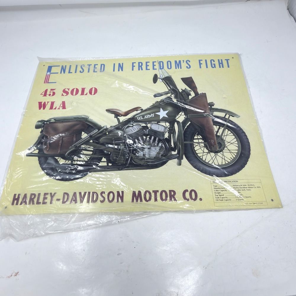 Harley Davidson 45 Solo WLA Metal Sign‎ Vintage WWII Enlisted In Freedoms Fight